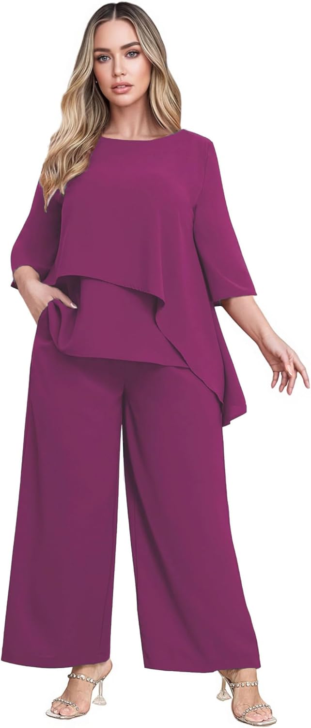 2 Pieces Mother of The Bride Pant Suits Plus Size Chiffon 3/4 Sleeve Ruffle Wedding Formal Party Outfit