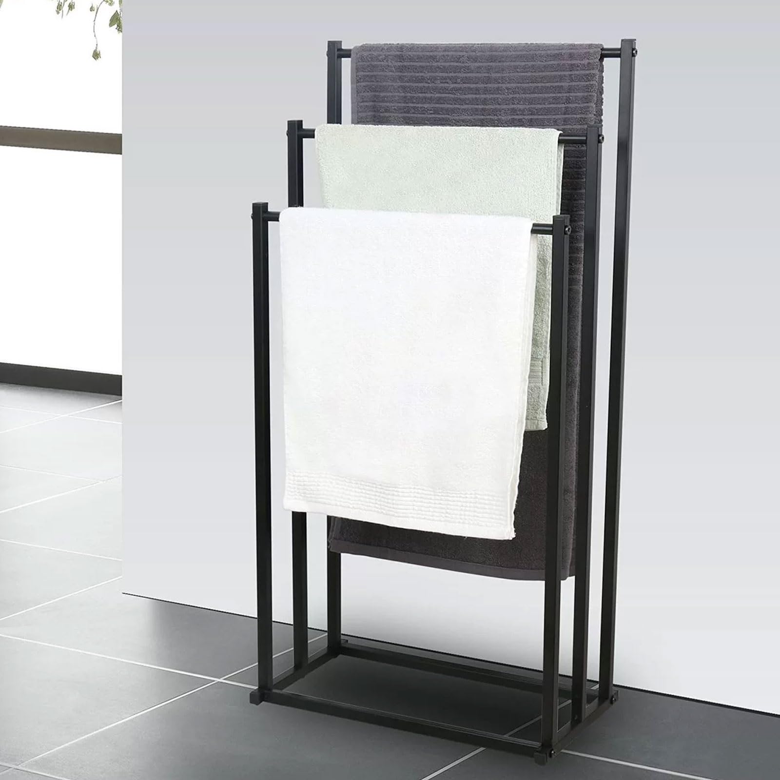 OWOHYG 3-Tier Freestanding Pool Towel Rack,Outdoor Standing Tall Towel Organizer With Non-Slip Design Easy Assembly,Galvanized Steel,44X27X86Cm.Black