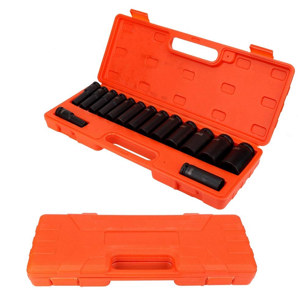 TOPTUL Set di Chiavi a Impulsi, 15 Pezzi, 1/2 Pollici, Bussole a Impatto Profondo in Acciaio al Carbonio 10-32 mm, con Coperchio in Plastica, per Officina