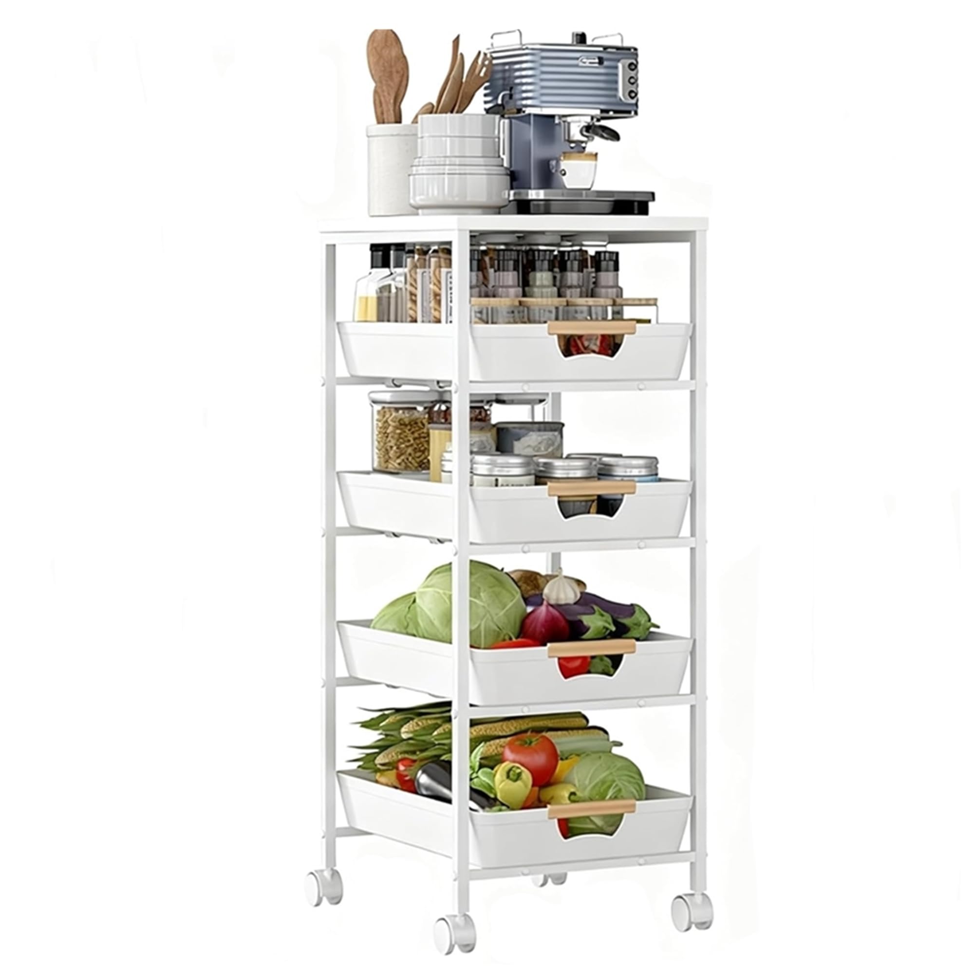 Carrito utilitario rodante de 5 niveles con parte superior y cajones de madera, organizador de almacenamiento con marco de metal con ruedas para cocina, baño, sala de estar, oficina