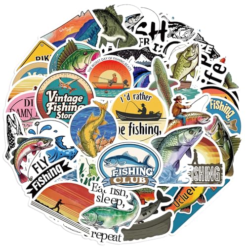 50Pcs Go Fishing Sticker Cute Fish Stickers for Kids Teens Adults Vinyl Cartoon Animals Decals Kawaii Outdoor Fishing Sticker for Decor Water Bottles Laptops Guitar Scrapbook