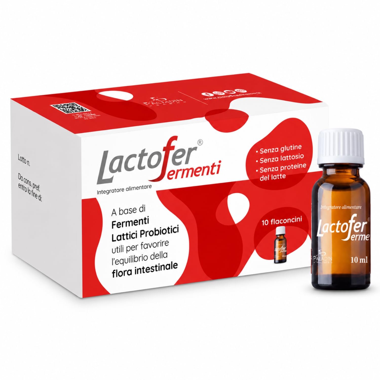 Paladin Pharma Lactofer Integratore Ferment Lattici Probiotici Senza Zucchero - 10 Flaconcini Da 10 Ml, color Rosso, 10