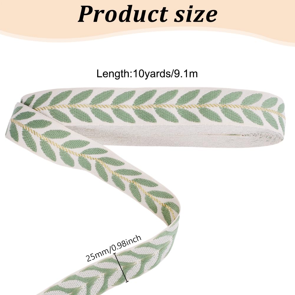 DELORIGIN 10 Yards Jacquard Ribbon Green Woven Ribbon Leaf Pattern Embroidery Webbing Strap Lace Trim for Sewing DIY Crafts Curtain Home Decor Backpack Straps Gift Bouquet Packaging (1inch) - Image 2