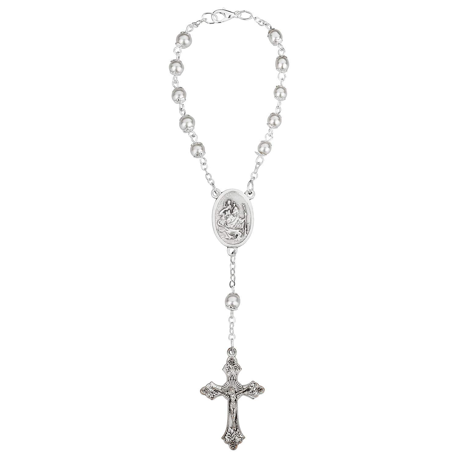 MaMeMi Różaniec samochodowy Silber – 17 cm Zehner-Rosenkranz z Chrystoforem i Krzyżykiem – Talizman ochronny do auta, prezent dla kierowcy, włoska jakość