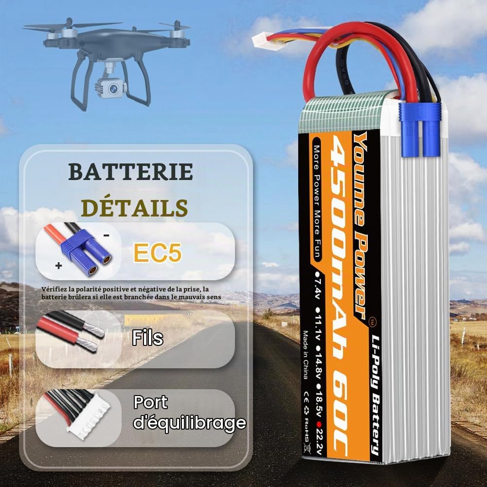 Youme Batterie Lipo 6S, Batterie Lipo 22.2V 4500mAh 60C avec Prise EC5 et XT90 pour Drone de Classe X Racing 70MM 8MM 90MM EDF RC Quadcopter Airplane Helicopter Car Truck Boat Hobby (2 Packs)