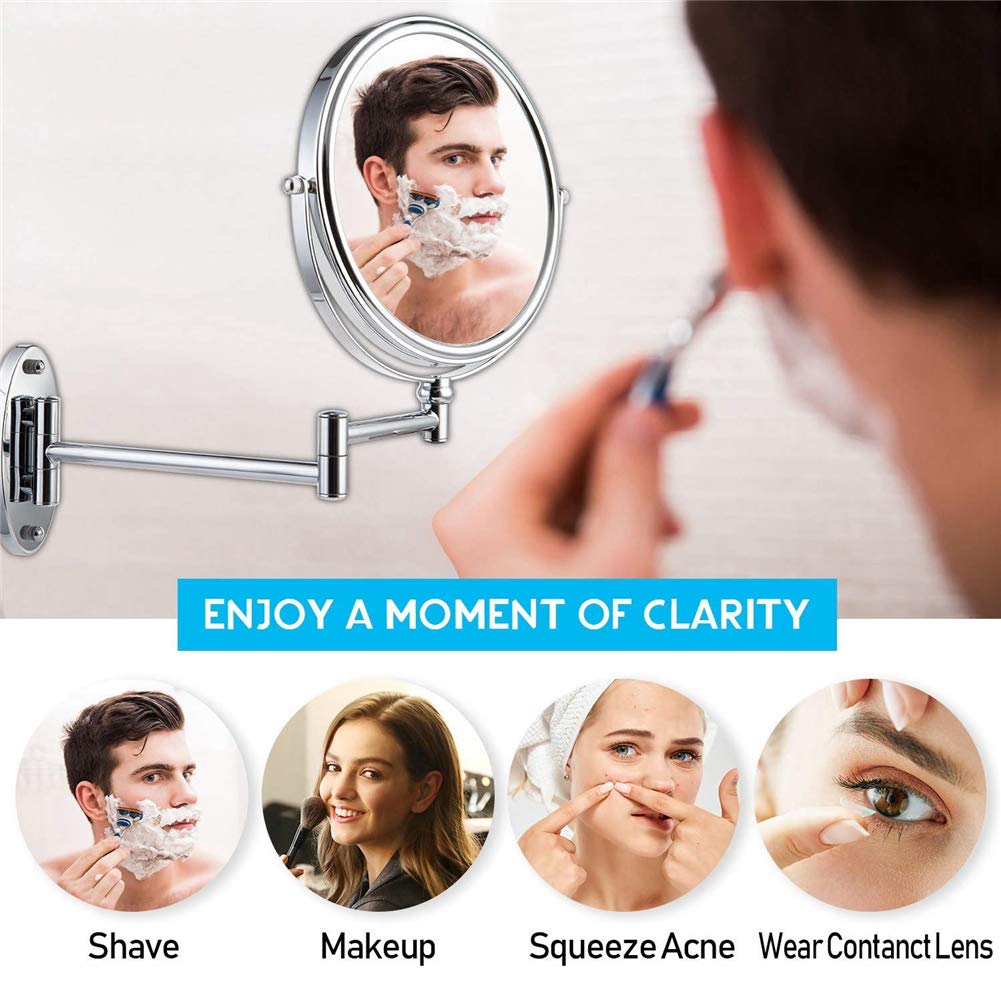 Espejo de baño Montaje en pared, Espejo de maquillaje extensible giratorio de 360 ° Espejo de Aumento de Doble Cara Normal + Espejo de Aumento de 10X Espejo de belleza de Forma Redonda plega