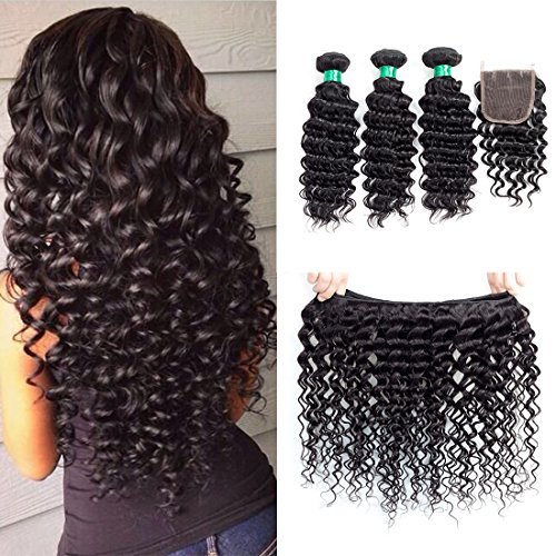 MQYQ 9A Brazilian Deep Wave Bundles with Closure(24 24 24+20) 100% Unprocessed Human Hair 3 Bundles with Lace Closure Free Part Loose Deep Wave Hair Weave Bundles Natural Color