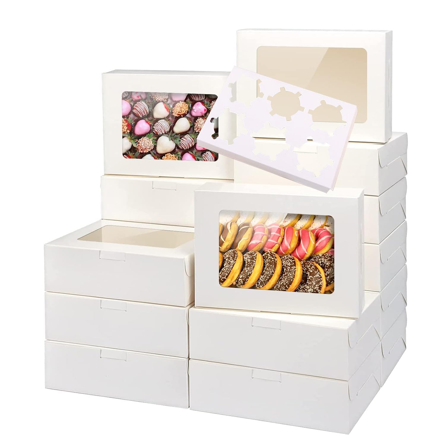 20 stuks witte koekjesdozen om cadeau te geven, 20 stuks, bakkerijsnoepdoos met doorzichtig venster, traktatie dessertdozen voor gebak, donuts, snoep, koekje, macaron, chocolade, aardbei, (18 x 11,5 x