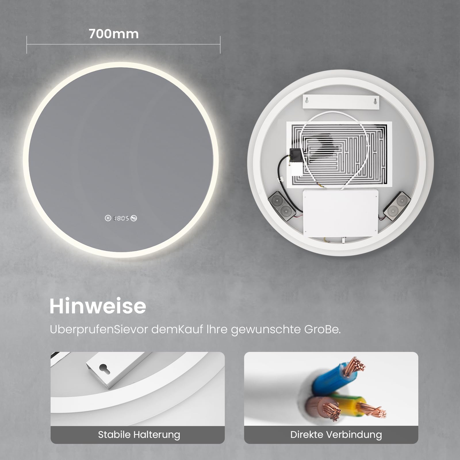 Heilmetz Badspiegel mit Beleuchtung Rund 70cm, LED Badezimmerspiegel mit Uhr, Antibeschlag, Touch, 4300K Warmweiß Licht, Spiegel mit Beleuchtung für Bad