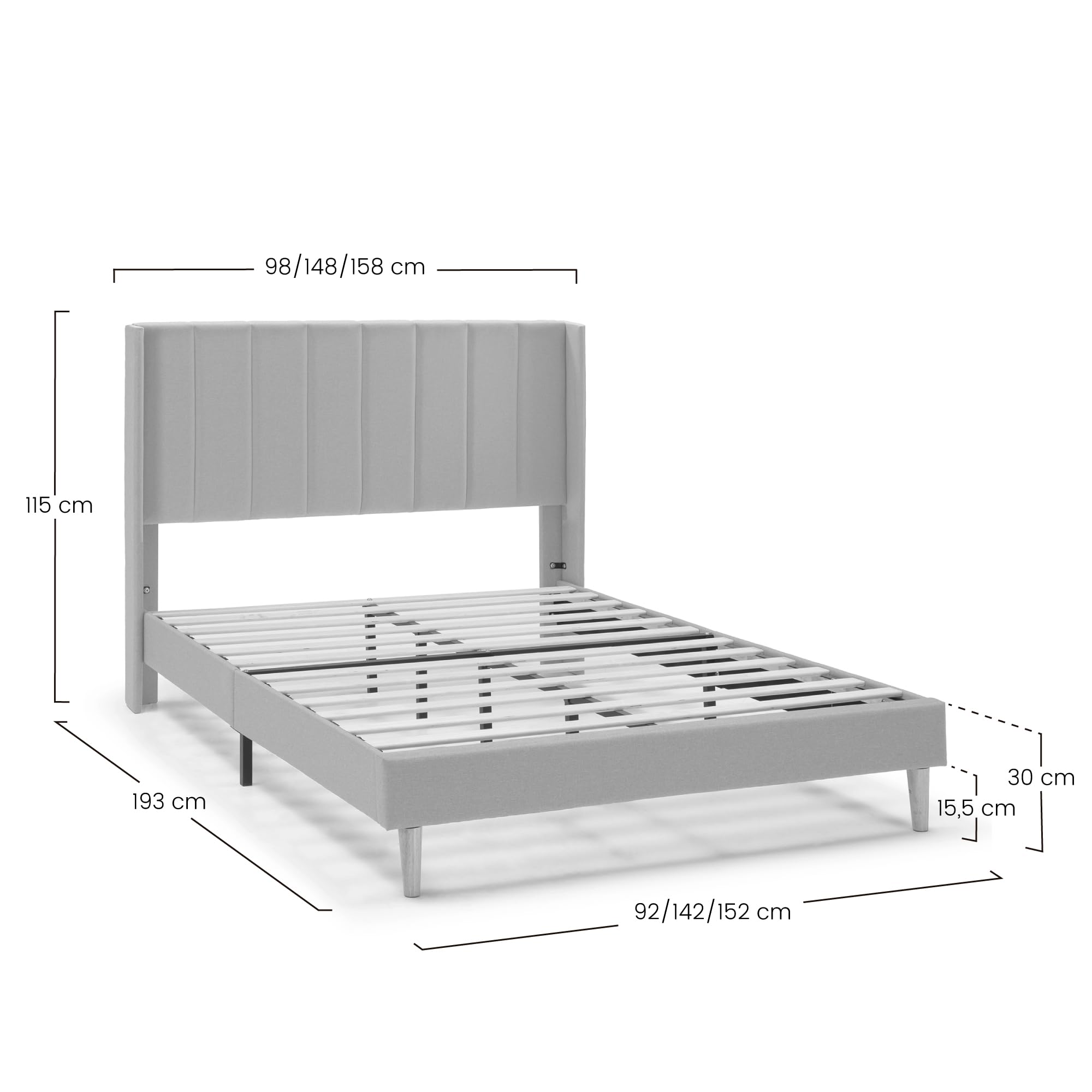 HOMN LIVING Estructura de Cama tapizada Noelia de 30 cm, Base para colchón 150x190 cm, Somier de láminas de Madera, Montaje Sencillo, Beige