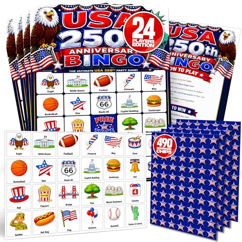 Jester Fiesta USA 250th Anniversary Bingo Game 24 Unique Patriotic Bingo with Caller Cards & 470 Marker Chips Independence Day Party for Family Classroom & July 4th Celebrations