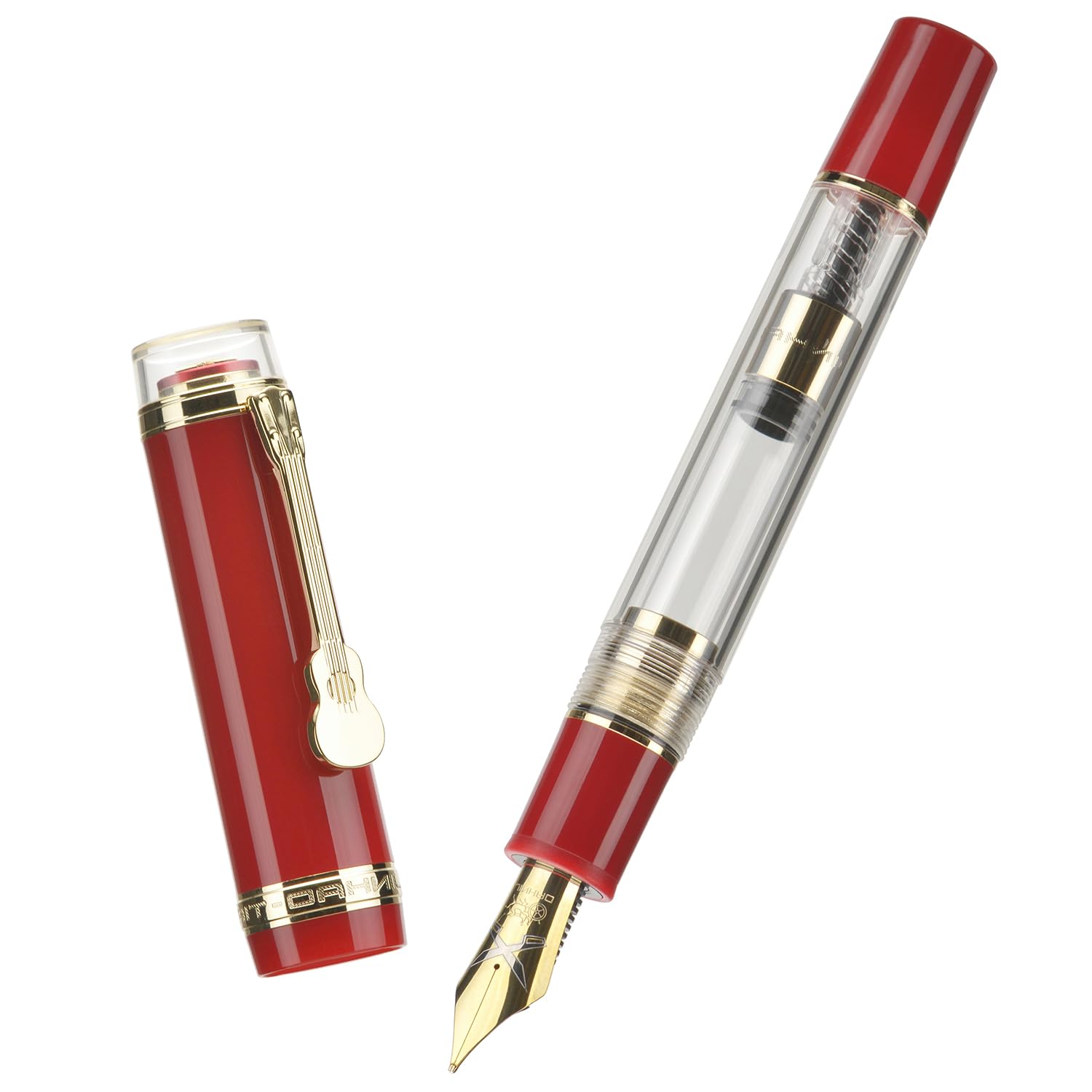 Jinhao 1935 Tiandao Fountain Pen, Size 8 Medium Nib, Golden Guitar Clip, Red and Transparent Acrylic with Converter