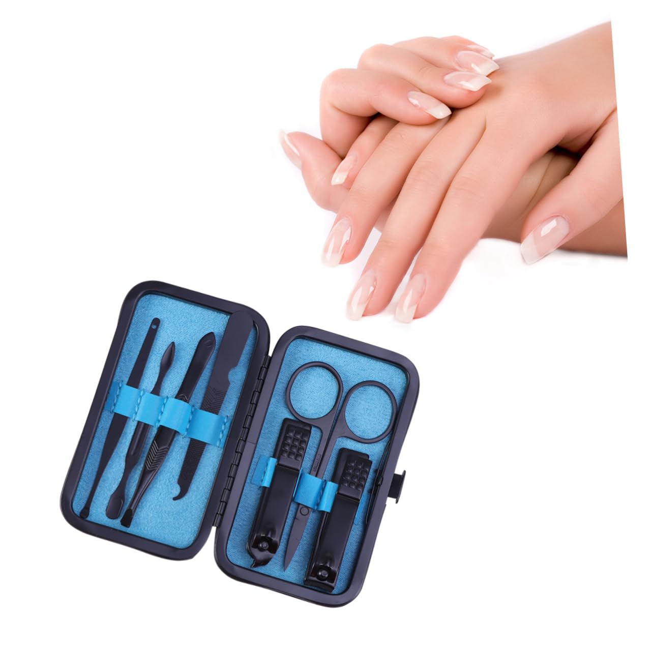 TOVINANNA 7Pcs Manicure Set Durable Nail Care Kit with Precision Cutters for Hand and Foot Grooming Tools Elegant Blue Case
