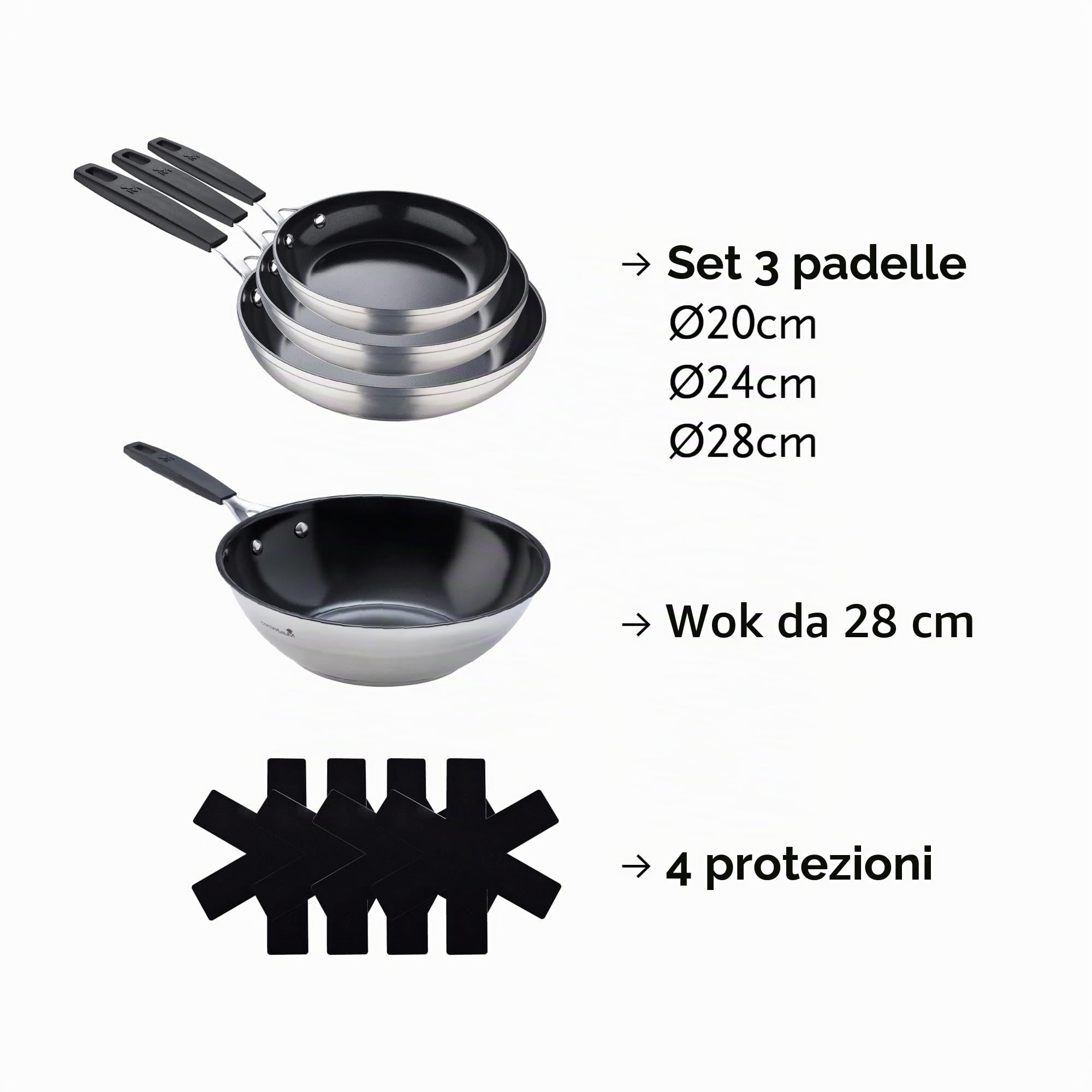 MasterPro Smart | 3 Padelle Antiaderenti di 20, 24 e 28 cm e Wok di 28 cm | Alluminio Forgiato | Manico Ergonomico | Kit di Padelle | Per Tutti i Piani Cottura