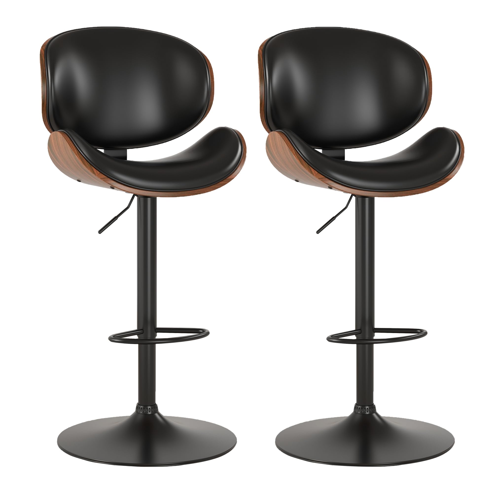 KCC Bar Stools Set of 2, Swivel Adjustable Height Barstools, PU Leather Upholstered Bar Chairs with Footrest, Bentwood Bar Stool for Kitchen, Bar, Dining Room(Black PU)