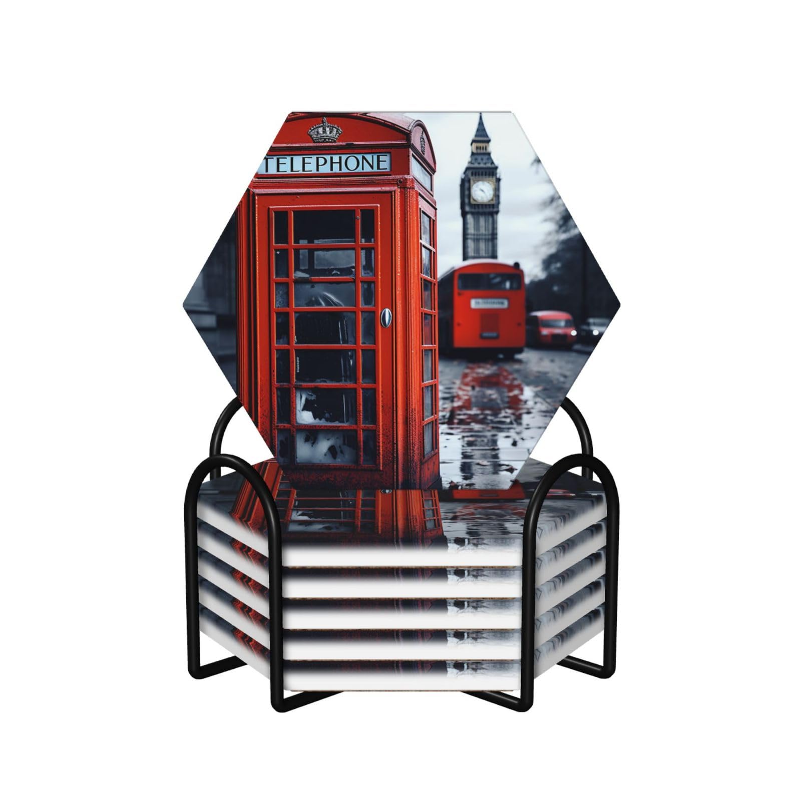 Coasters for Drinks Set of 6 Round Absorbent Ceramic Coaster Non-Slip Drink Coasters with Holder and Cork Base Reusable Cup Mat England UK Retro London Telephone Cup Coasters for Kinds of Cup