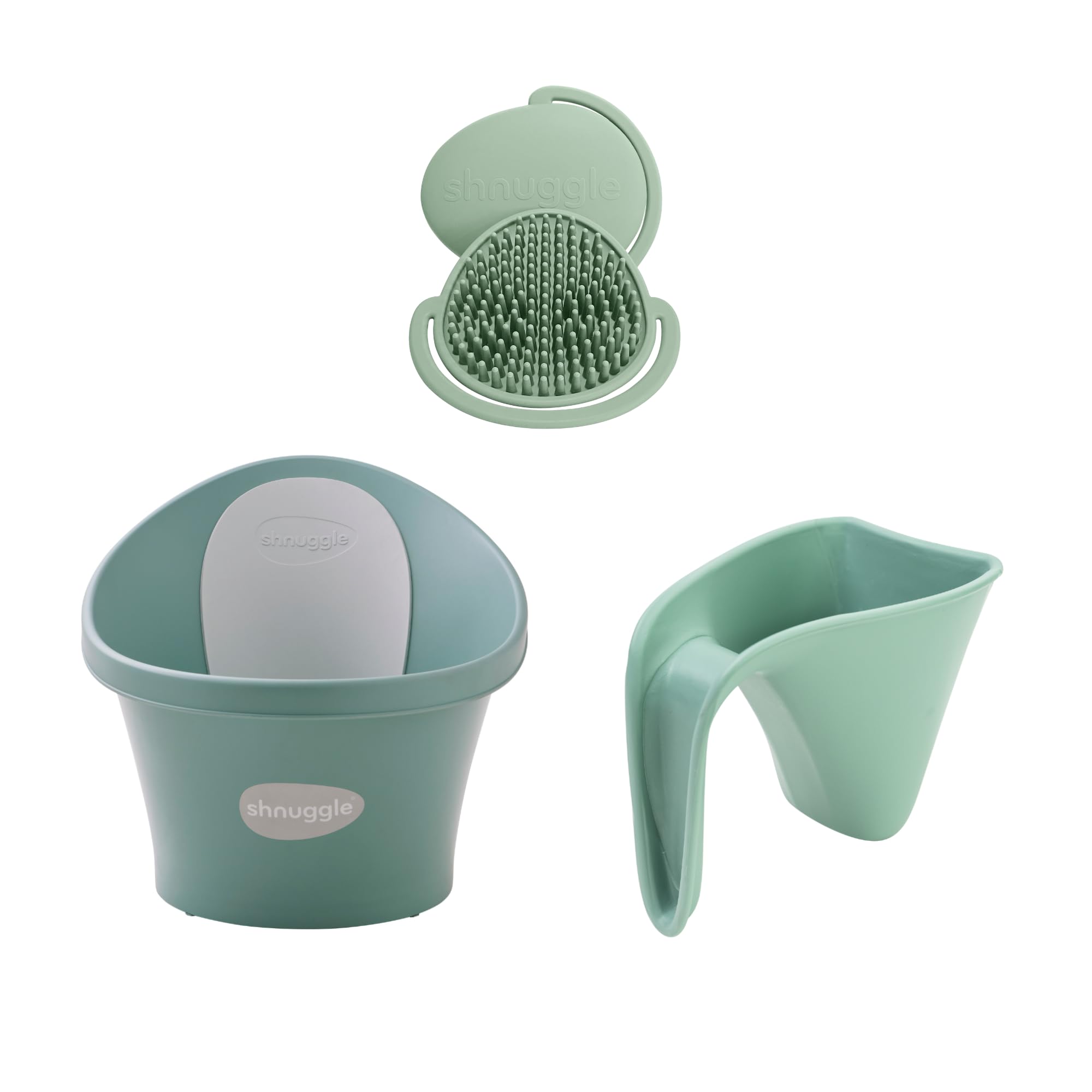 Shnuggle Newborn Baby Bath Starter Bundle | The Perfect Baby Bath Partnership | Baby Bath, Rinse Jug & Bath Brush | Eucalyptus
