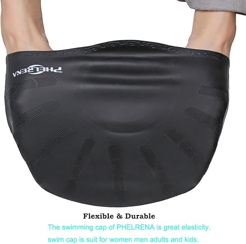 Miniatura 5 de PHELRENA Gorro de natación impermeable de silicona de alta calidad, orejeras de pelo largo, flexible y reversible para adultos, niños, mujeres y