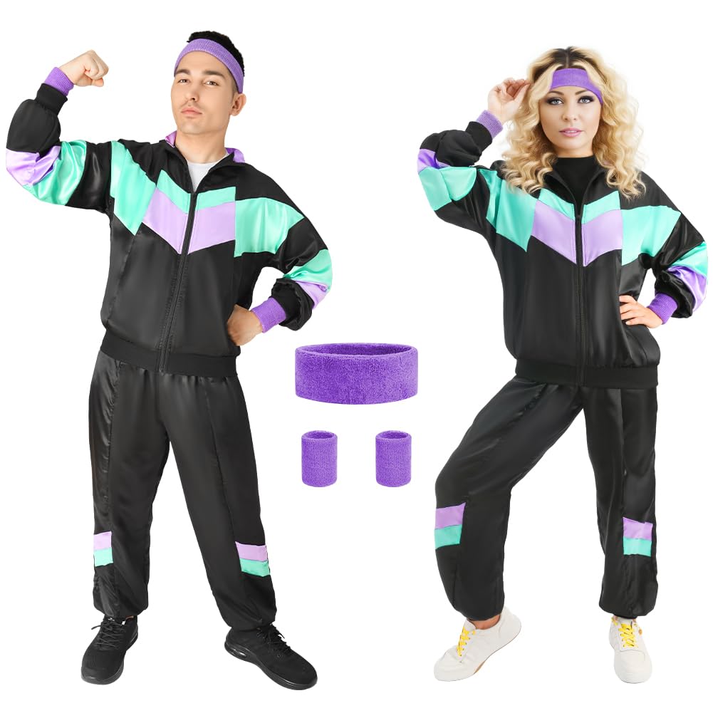 Aomig Zestaw akcesoriów do kostiumu w stylu lat 90., 80-tych, 5 sztuk, retro, dres treningowy, unisex, dyskoteka, strój na całe ciało, kurtka, spodnie, bransoletka i opaska na czoło w stylu lat 80
