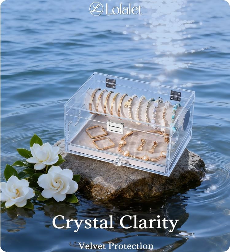 Lolalet Acrylic Bracelet Organizer Box, Clear Jewelry Display Holder for Bangles Watches, Jewellery Accessories Storage Case for Women -with Drawer - Image 2