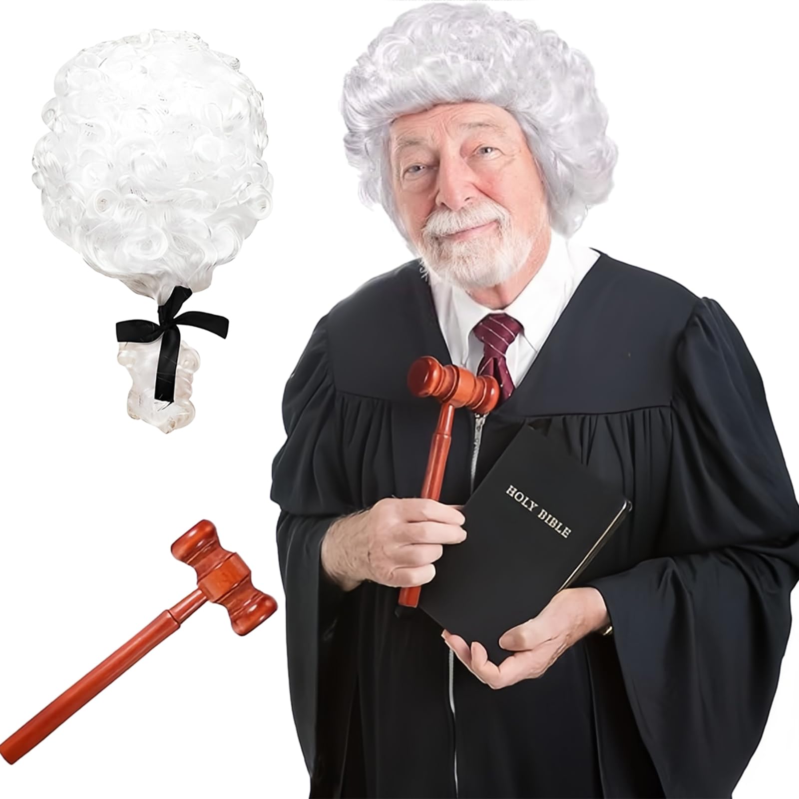 KSVFTB 2 Pcs Judge Costume Accessories, Judge Wig with Mini Wooden Judge Gavel