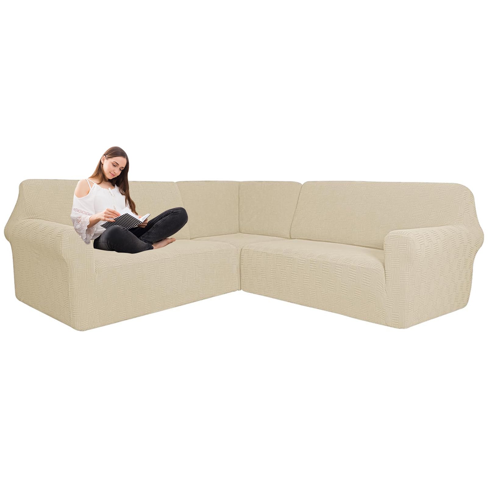 JUNLEBUYI Stretch Jacquard Corner Sofa Slipcover, 3 Pcs L Shape Couch Covers for Sectional Corner Sofa 5/7 Seater, Sectional Couch Protector for Living Room (Beige,5-Seater)