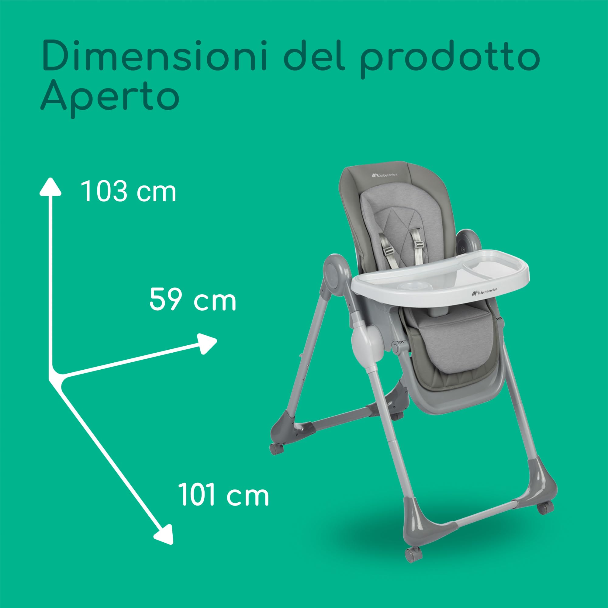 Bebeconfort Olea Seggiolone pappa bimbo, 0-3 anni, 0-15 kg, Seggiolone pappa pieghevole e reclinabile 3 posizioni, 9 Altezze, Facile da pulire, 4 ruote piroettanti, Chiusura compatta, Tinted Grey