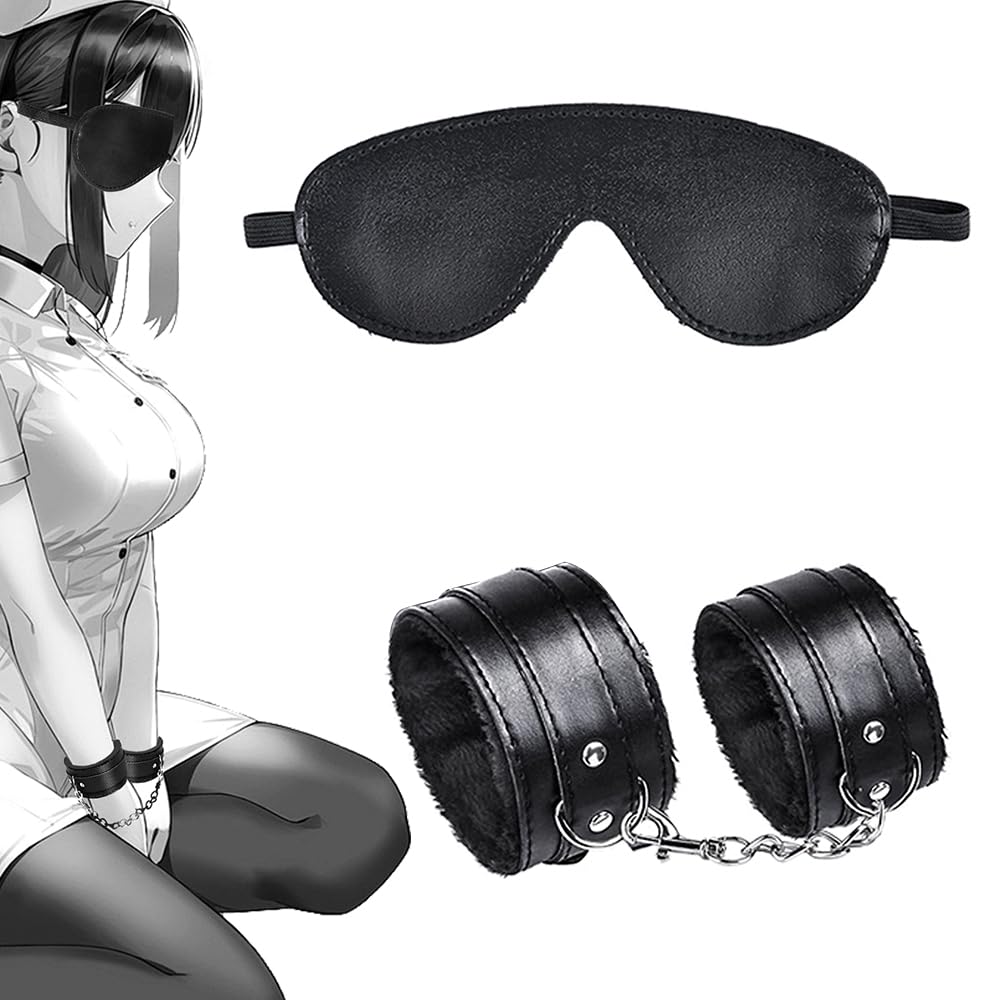 Qoosea Sex Bondage Kits Esposas BDSM Esposas Fluffy Máscara Ajustable para Los Ojos Juego de Esposas para Juegos Sexuales BDSM (Negro)