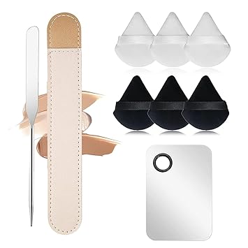 INOG Makeup Spatula,Korean Spatula Makeup Stainless Steel Makeup Spatula and Palette Set,Professional Foundation Spatula Facial Cosmetic Makeup Tool (6 Powder Puff +1Spatula+1 Rectangle Palette).