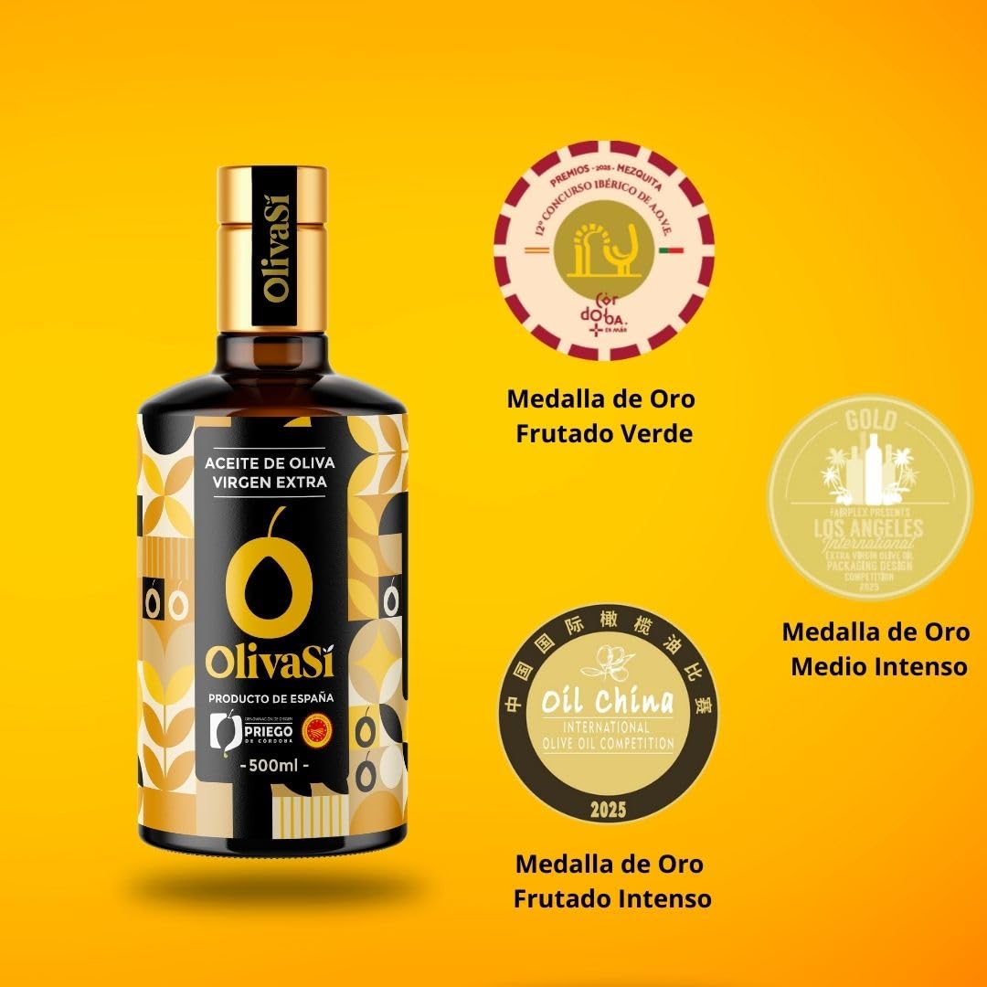 OLIVA SÍ Golden Edition - Aceite de Oliva Virgen Extra 500ml con D.O.P. Priego de Córdoba - Calidad Gourmet y Sabor Exclusivo - Premiado en Concursos Internacionales y Nacionales (Caja 6x500ml)