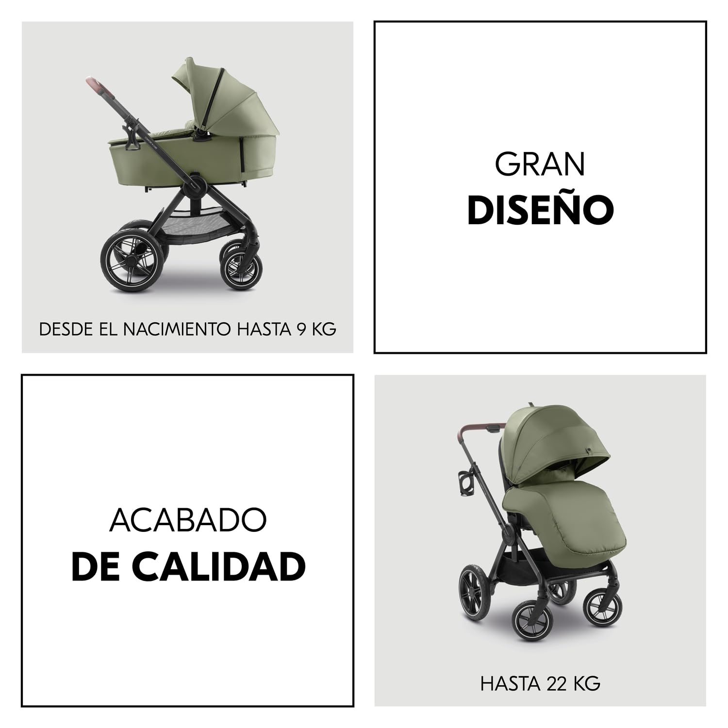 hauck Comfort N Care Set Cochecito 2in1 | Carrito Bebé desde Nacimiento hasta 22 kg - Capazo XL - Ruedas de Goma con Suspensión - Silla de Paseo Ligera Reversible y Reclinable - con Adaptador - Oliva