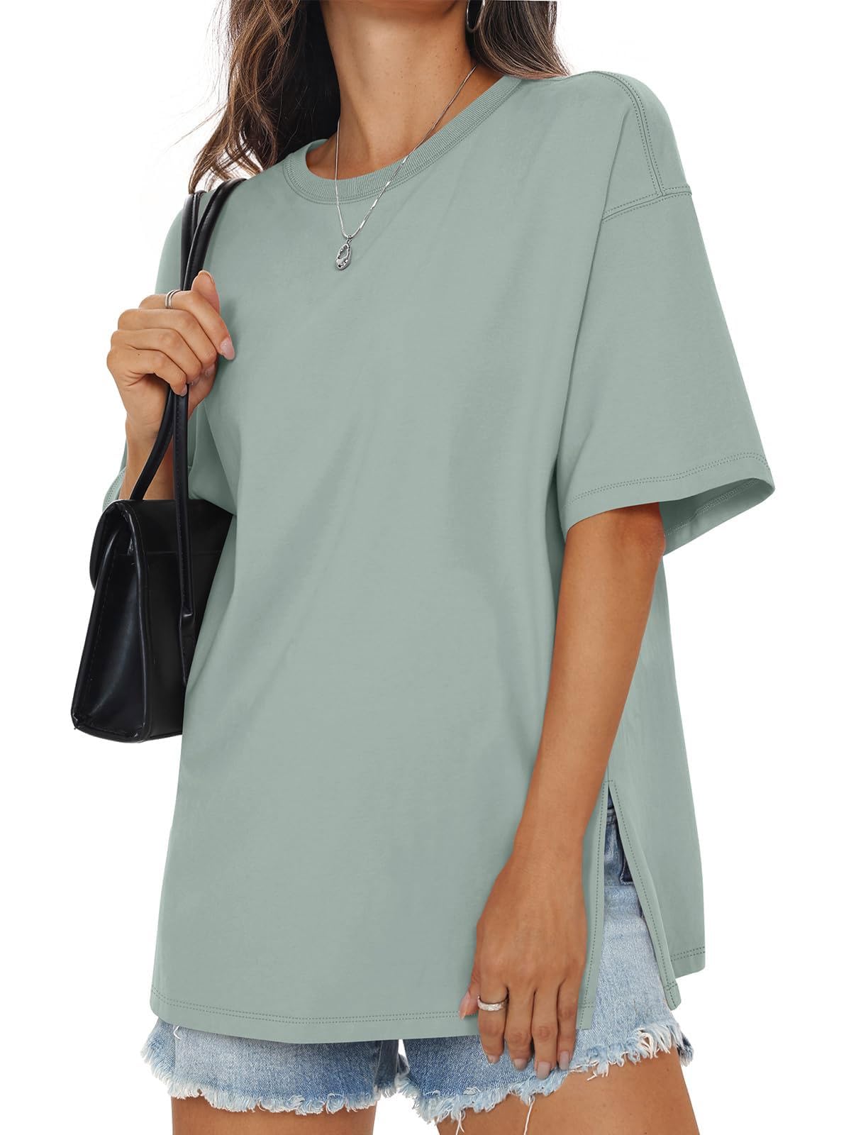 Tomwell Damen Baumwolle Oversized T Shirts mit Seitenschlitzen Locker T-Shirt Rundhals Kurzarm Sommer Oberteile 2026 A Grün M