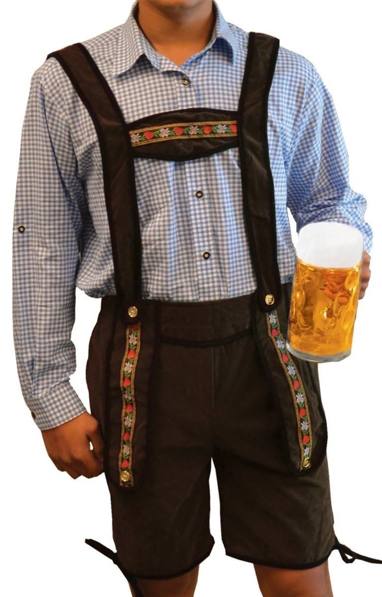Partychimp Oktoberfest Homme's Lederhosen et chemisier (Courte Marron Foncé Polyester Lederhosen avec bretelles + Oktoberfest Chemise Bleu or Rouge) - Taille S à 2XL