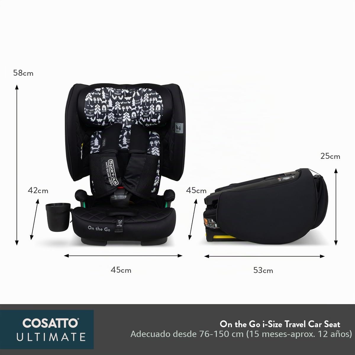 Cosatto Asiento de coche plegable para llevar, de 15 meses a 12 años, 76-150 cm, asiento de viaje ISOFIX portátil, ultracompacto y ligero, protección contra impactos laterales y bolsa de viaje