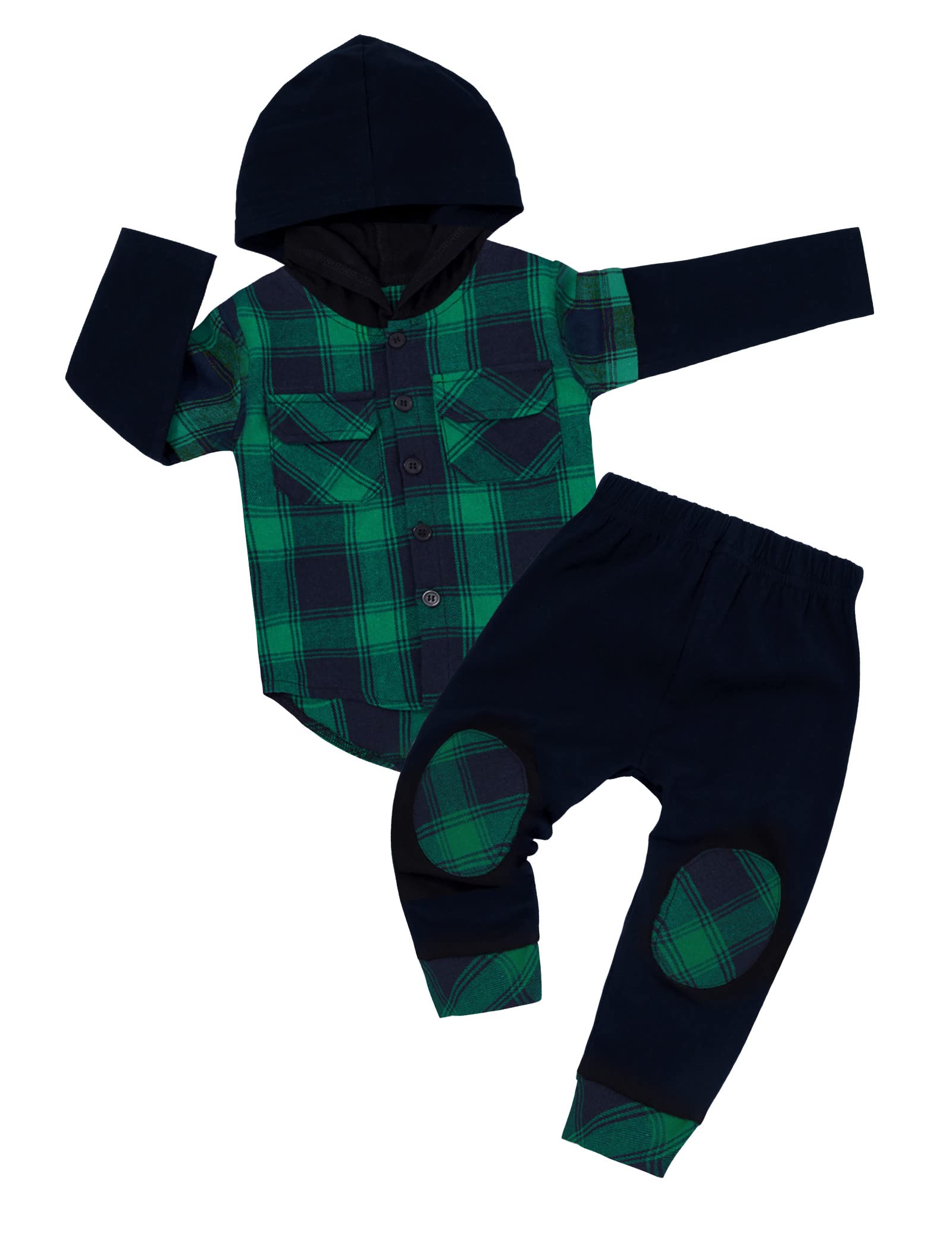 DONWEN Toddler Baby Boy Clothes Plaid Long Sleeve Patchwork Hoodie Top + Pants 2pcs Fall Winter Outfits Set