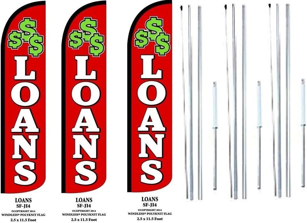 LOANS King Flags Pack of 3 | 3ft x 11.5ft Outdoor Advertising Banner | Weatherproof Polyester Flags for Business Loan Signs (Complete Hybrid Pole Set Included)