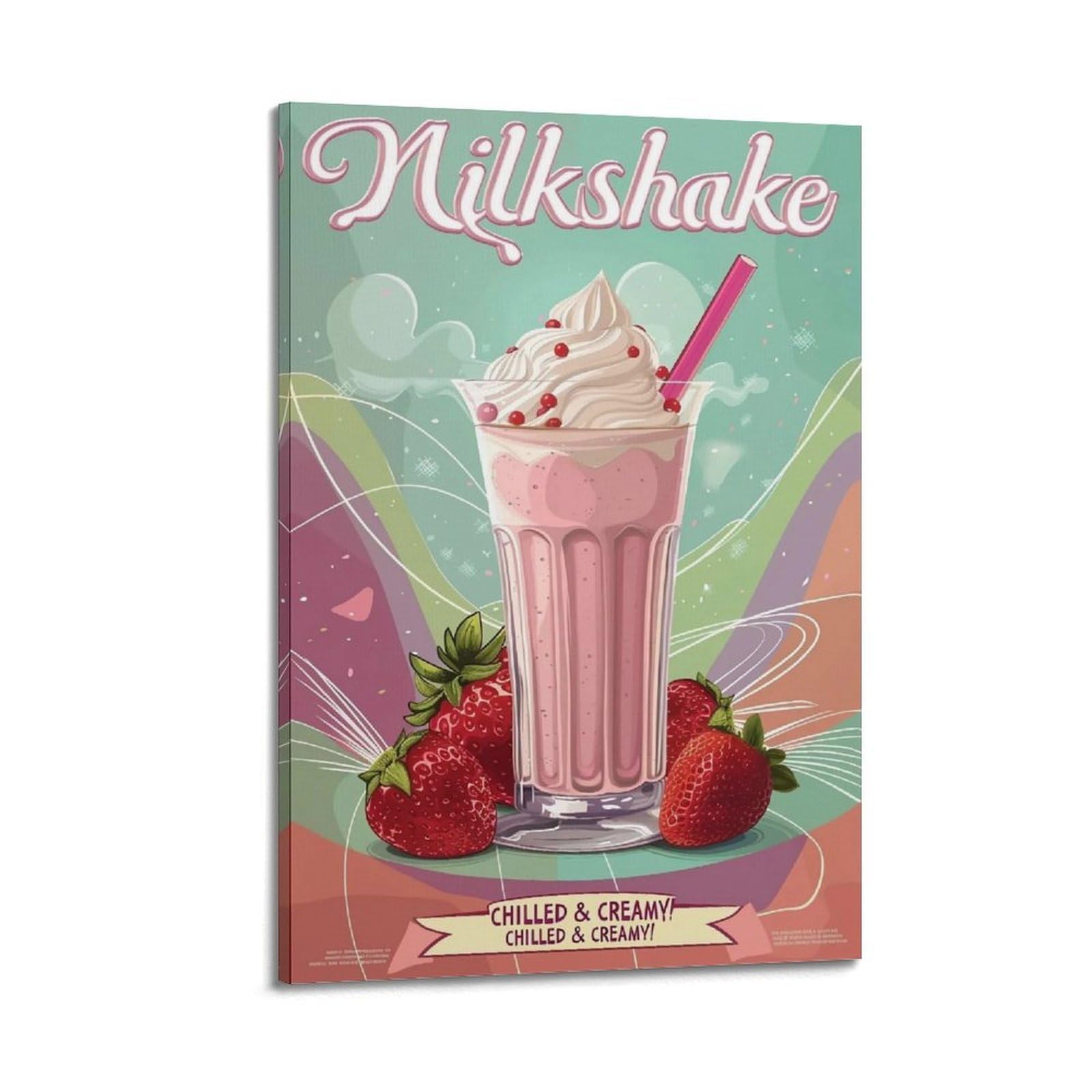HUERYRYHY Chilled Creamy Strawberry Milkshake Poster Aesthetic Wall Art Painting Decor Vintage Canvas for Living Room Bed Room 20x30inch(50x75cm) Frame-style