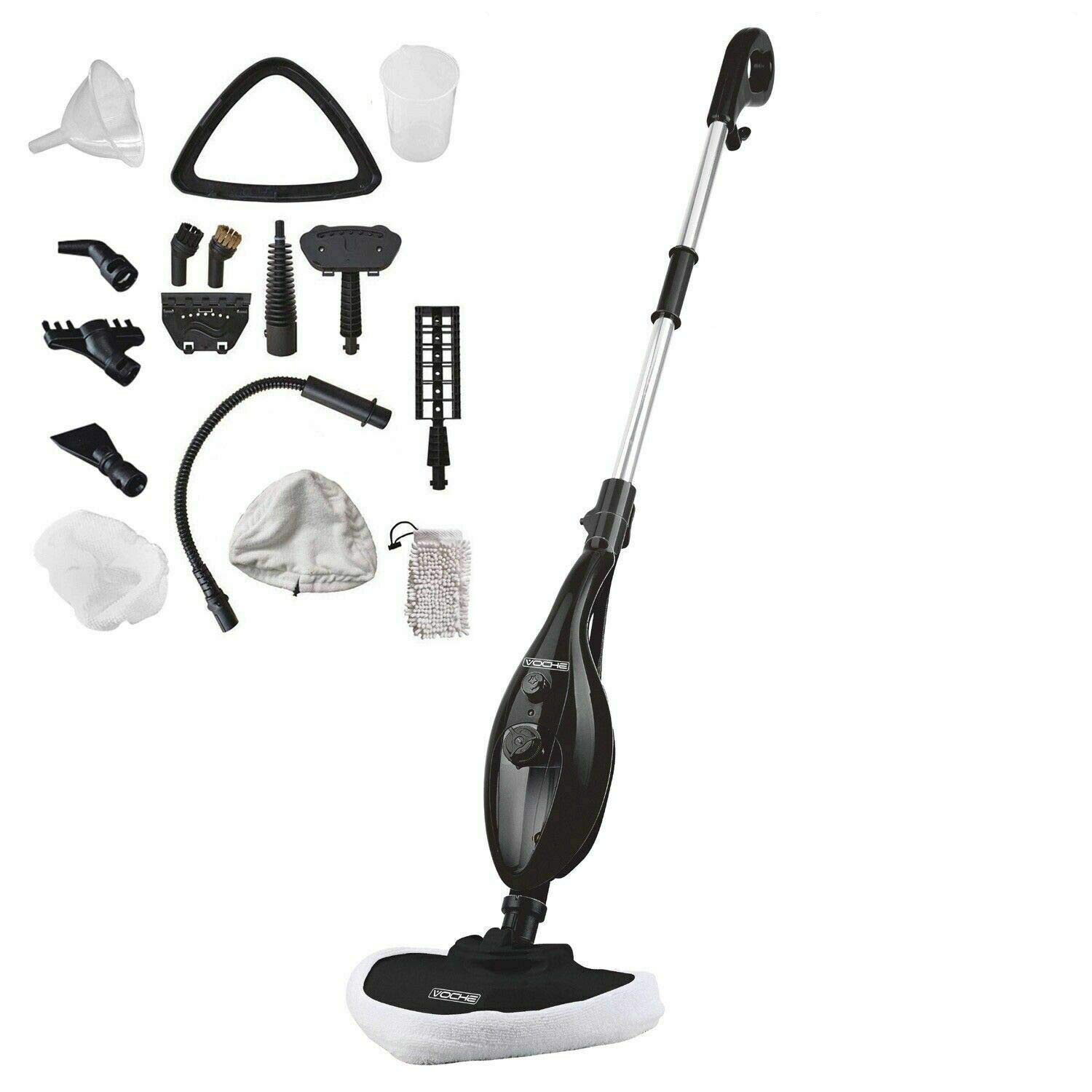 Voche Unknown Black 1300W 16-in-1 with Detachable Hand-Held Cleaner Accessories-Includes Steam Window Cleaning Attachment and Garment Steamer, 18/10 Steel, 1300 W