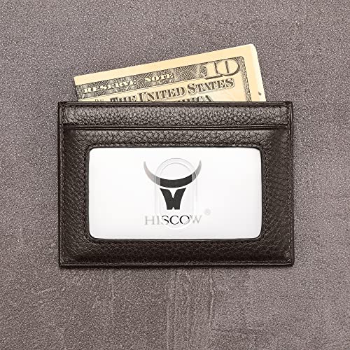 Image of HISCOW Slim Full Grain Leather Card Holder with ID Window, Pebbled Coffee | Men's minimalist EDC wallet, front pocket carry, 2 credit card slots & center pocket, fits folded bills, premium gift box