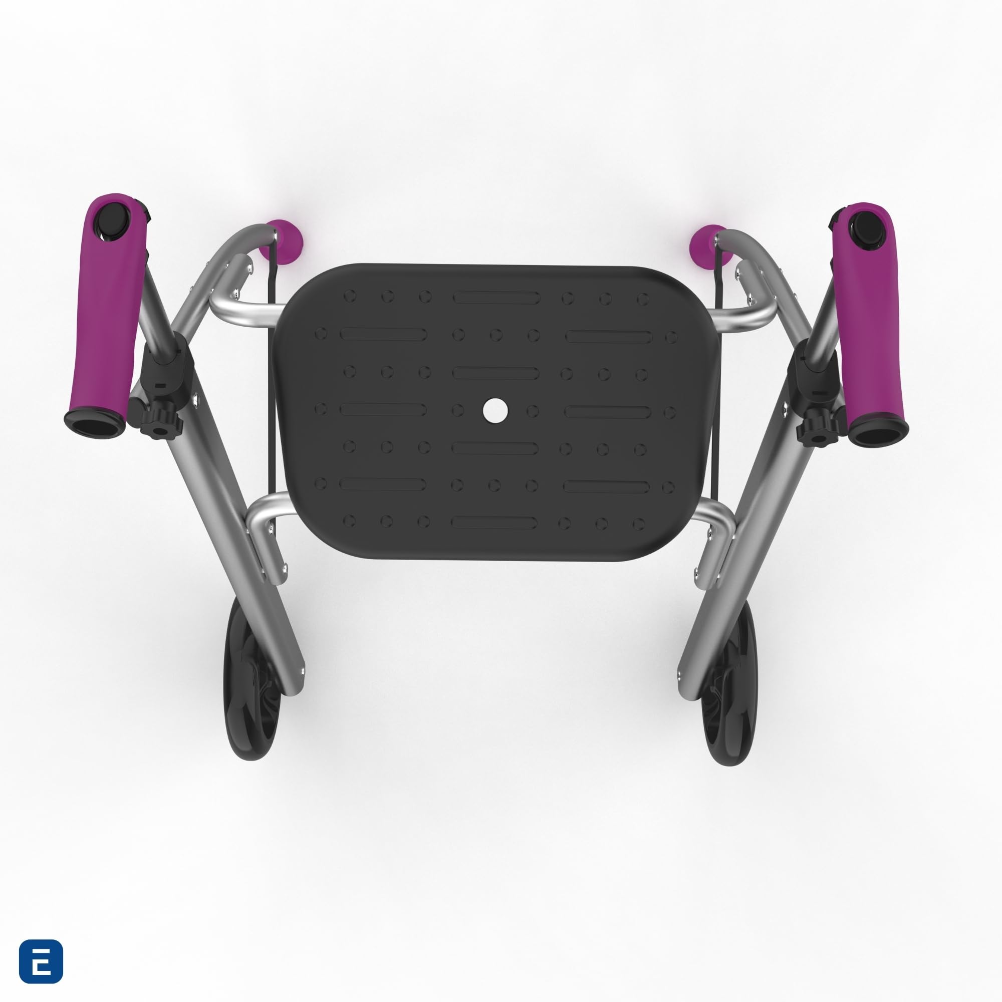INDESmed - Andador Plegable con Asiento de Aluminio para ancianos, personas con movilidad reducida o rehabilitación. Ajuste preciso, Mango antitendinitis y antideslizante, 2 Ruedas (Morado)