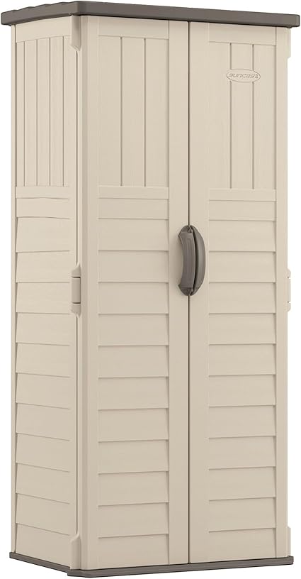 Suncast Vertical Outdoor Storage Shed with Reinforced Floor, Lockable Double Doors, All-Weather Construction, and Multi-Wall Panels, Vanilla, Made in the USA