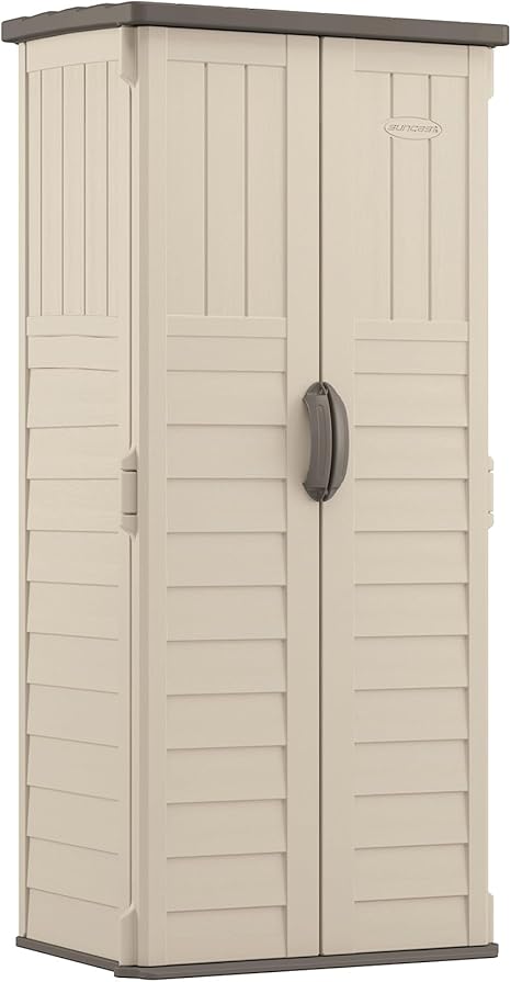 Suncast Vertical Outdoor Storage Shed with Reinforced Floor, Lockable Double Doors, All-Weather Construction, and Multi-Wall Panels, Vanilla, Made in the USA