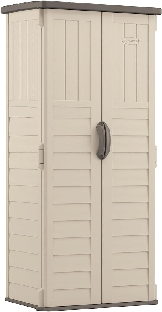 Suncast Vertical Outdoor Storage Shed with Reinforced Floor, Lockable Double Doors, All-Weather Construction, and Multi-Wall Panels, Vanilla, Made in the USA