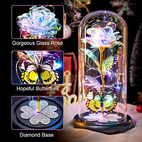 Gifts For Women, Galaxy Glass Rose Forever Eternal Crystal Flower Birthday Gift Light Up Rose In Glass Dome With Butterfly For Her Mom Grandma Sister Wife Girlfriend Mothers Day Anniversary Colorful #TOP1