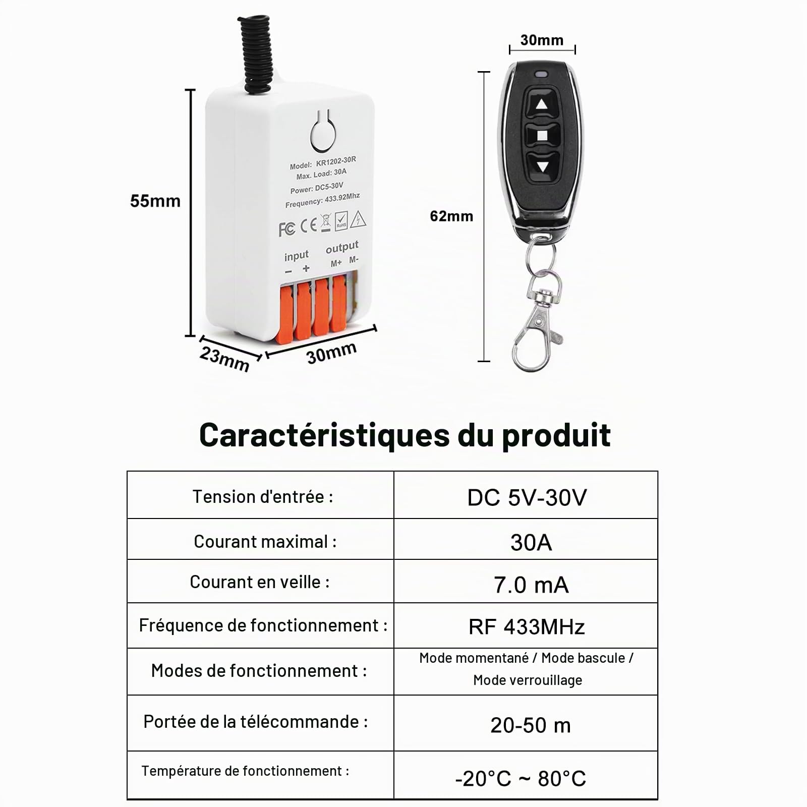 QIACHIP DC 5V/12V/24V Commutateur de télécommande Moteur 30A Relais Récepteur Module sans fil RF avec 2 émetteurs pour porte de garage,volet roulant,rideaux électriques,moteur avant-arrière