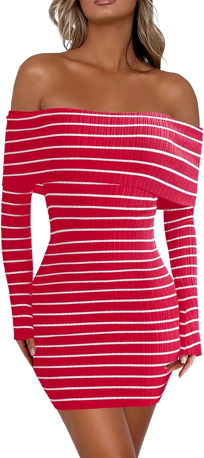 Wenrine Womens Off The Shoulder Knit Dresses Striped Long Sleeve Casual Bodycon Party Cocktails Mini Dress Red Small