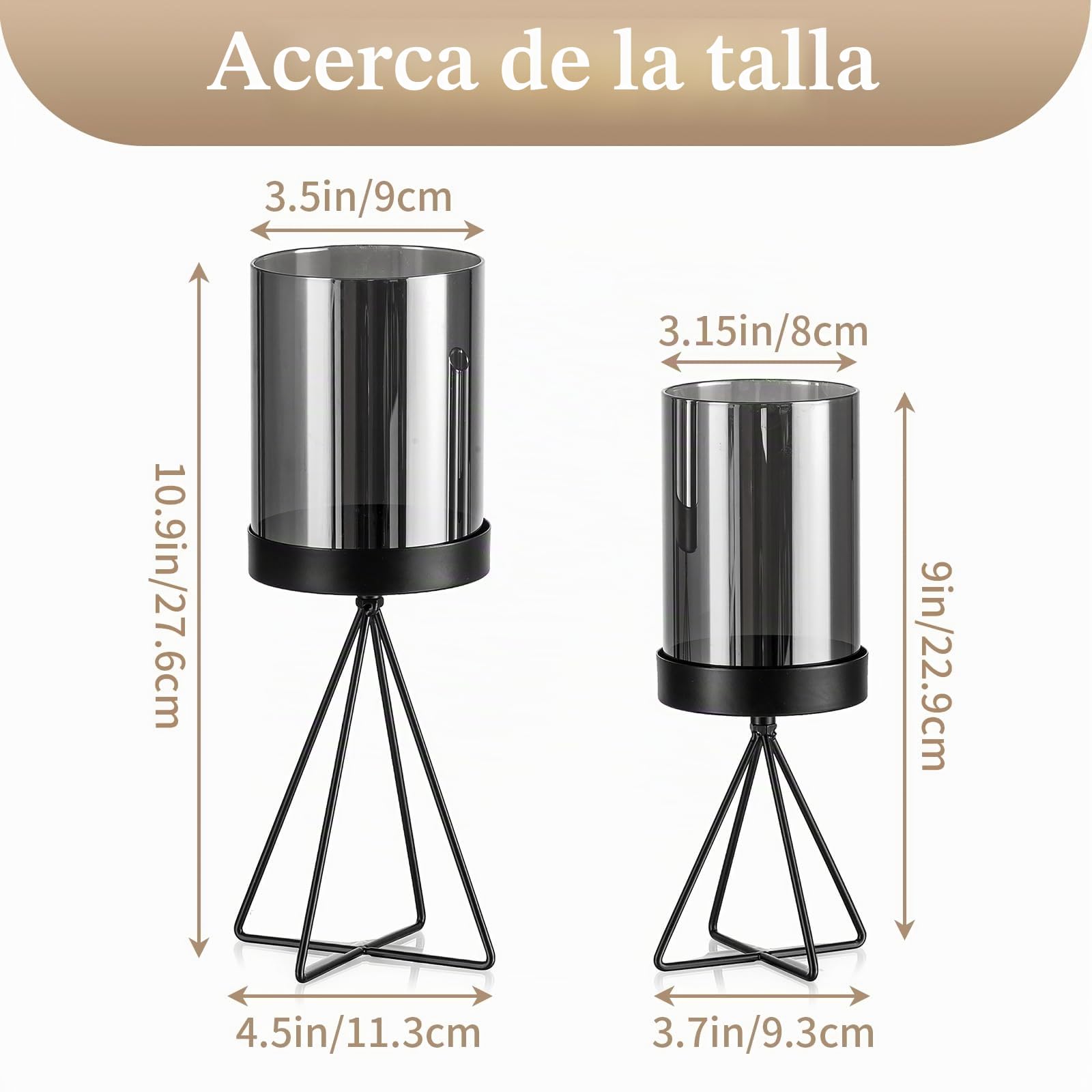 Sziqiqi Portavelas de Columna Negro Decoración: Candeleros Metal con Cilindro de Vidrio Gris Decoración Mesa - Moderno Portavelas de Velas Pequeñas Geométrico para Sala Chimenea Ventanales Exteriores