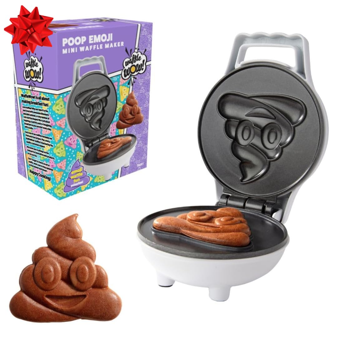 Poop Emoji Mini Waffle Maker- Xmas Breakfast Fun for Kids, Santa Cookie Treat w Cute Smiley Face Design, 4" Waffler Iron Makes Pan Cakes or Waffles, Funny Gag Gift Stocking Stuffer- Licensed by Emoji