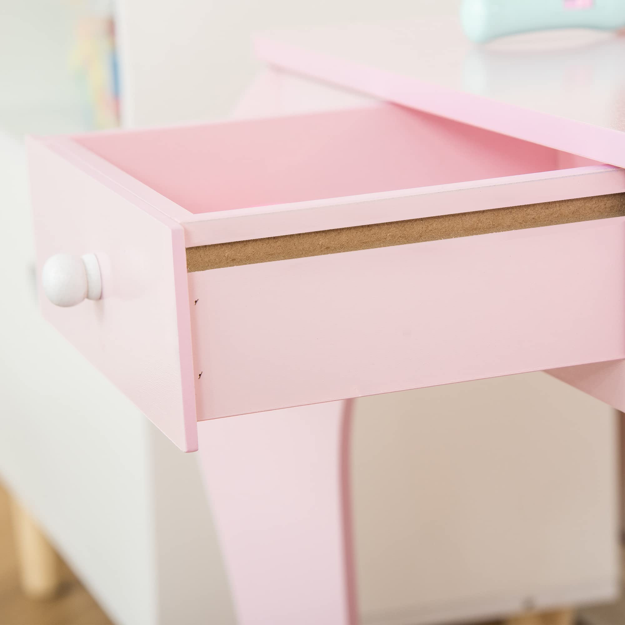 HOMCOM Toeletta Trucco Bambina con Sgabello in Legno, Postazione Trucco Bambina, Tavolo Trucco per Bambini 3-6 Anni con Specchio e Cassetto, Rosa