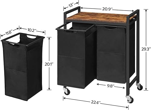Miniatura 3 de Cesta de lavandería, clasificador de ropa sucia de 2 secciones, cesta de lavandería con ruedas, carrito rodante, bolsas de tela Oxford extraíbles y